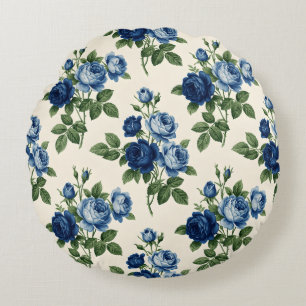 Blaues Rosen-Blumenmuster Rundes Kissen