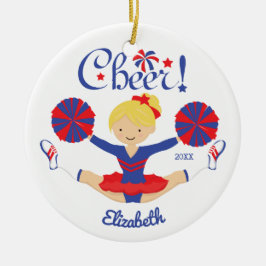 Blaues Rot-Beifall-blonde Cheerleader Keramikornament