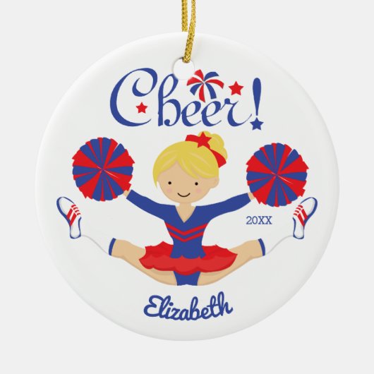 Blaues Rot-Beifall-blonde Cheerleader Keramikornament (Vorne)