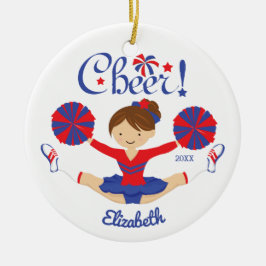 Blaues Rot-Beifall-brünette Cheerleader Keramik Ornament