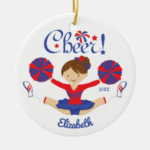 Blaues Rot-Beifall-brünette Cheerleader Keramik Ornament