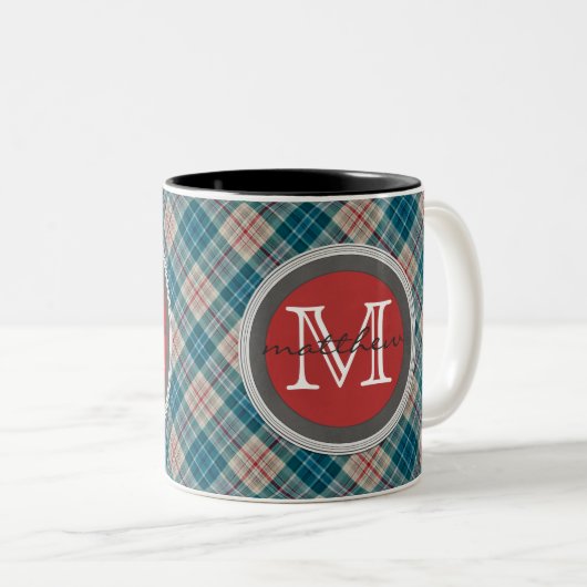 Blaues Rot-kariertes Hintergrund-Monogramm Zweifarbige Tasse (VorderseiteRechts)
