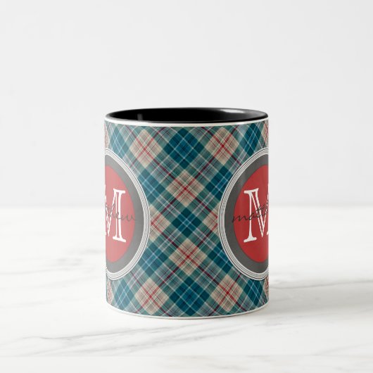 Blaues Rot-kariertes Hintergrund-Monogramm Zweifarbige Tasse (Mittel)