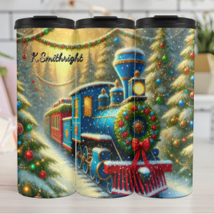 Blaues rotes festliches Zugornament Wald Thermosbecher
