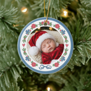 Blaues rotes nordisches Foto Baby's erstes Weihnac Keramik Ornament