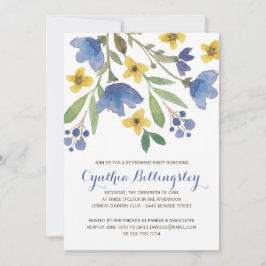 Blaues Ruhestands-Party der Watercolor-Blumen-| Einladung