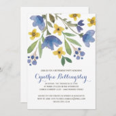 Blaues Ruhestands-Party der Watercolor-Blumen-| Einladung (Vorne/Hinten)