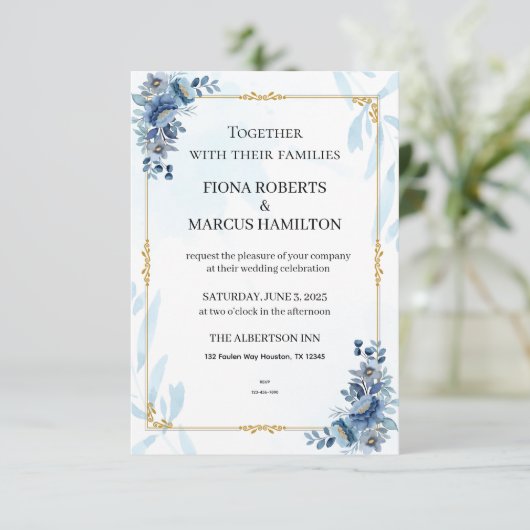 Blaues Rustikales Flora Elegant Save the Date RSVP Karte (Stehend Vorderseite)