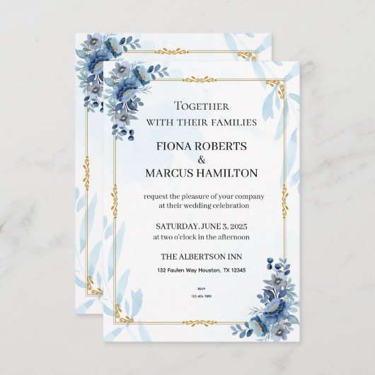 Blaues Rustikales Flora Elegant Save the Date RSVP Karte (Vorne/Hinten)