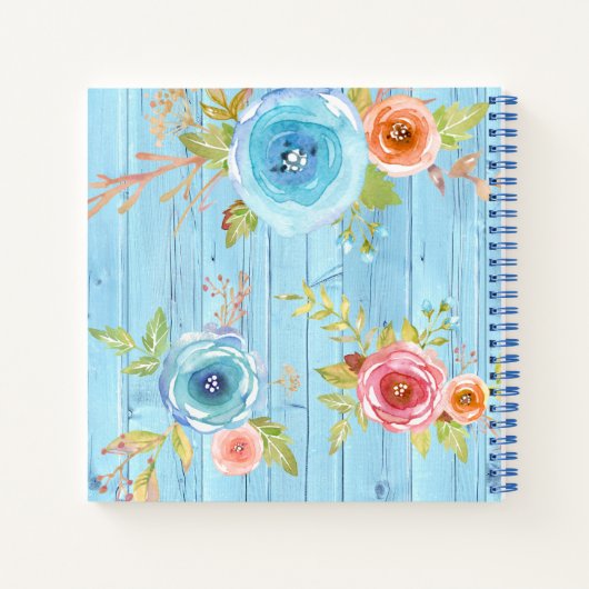 Blaues rustikales Holz Aquarell Blumenmuster Quadr Notizblock (Rückseite)