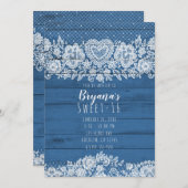 Blaues Rustikales Holz und weiße Spitzen Süß 16 Ge Einladung (Vorne/Hinten)