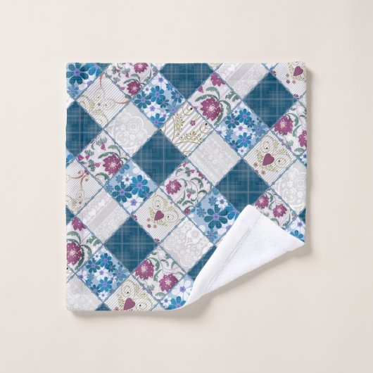 Blaues, rustikales Muster aus Stoffschrott Badhandtuch Set (Waschlappen)