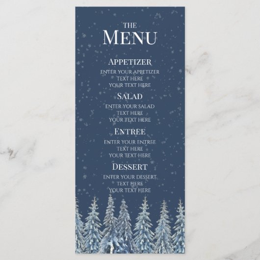 Blaues Rustikales Winterwald-Hochzeitsmenü Menükarte (Vorderseite)