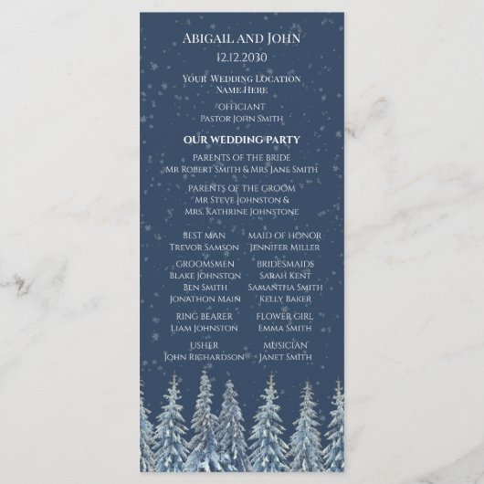 Blaues Rustikales Winterwald-Hochzeitsprogramm Programm (Rückseite)