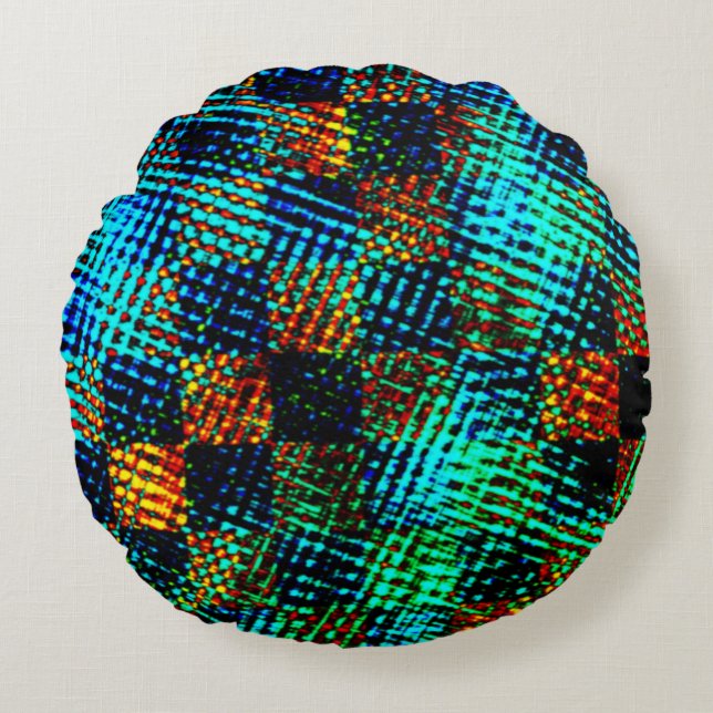 Blaues Schach, grünliche Kratzer, schmutziger Rot- Rundes Kissen (Vorderseite)