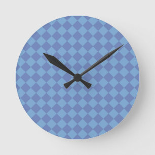 Blaues Schachbrett-Diamantmuster Runde Wanduhr