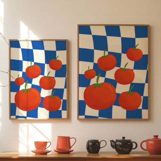 Blaues Schachbrett-Tomaten-Plakat Poster