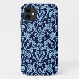 Blaues Schädeldamastmuster iPhone 11 Hülle