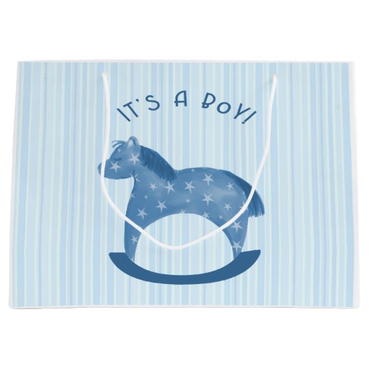 Blaues Schaukelpferd "es ist ein Jungen-" Große Geschenktüte (Vorderseite)