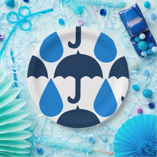 Blaues Schirm- und Raindrop-Muster Pappteller (Party)