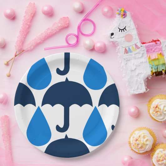 Blaues Schirm- und Raindrop-Muster Pappteller (Party)