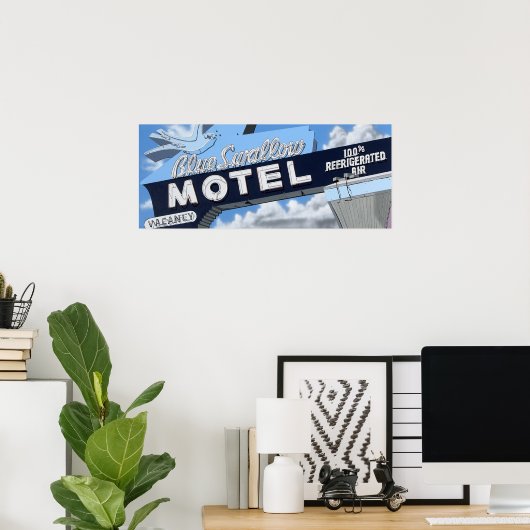 Blaues schluckiges Motel auf Route 66 Retro-Poster Poster (Heimbüro)