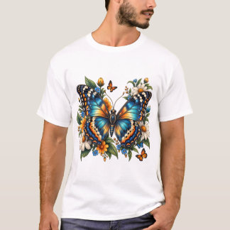Blaues Schmetterlings-Blumen-T-Shirt T-Shirt