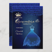 Blaues Schmetterlingskleid damask tiara Quince Einladung (Vorne/Hinten)