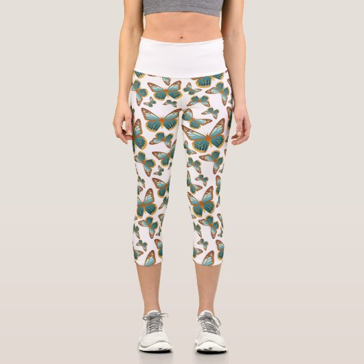 Blaues Schmetterlingsmuster Capri Leggings (Vorderseite)