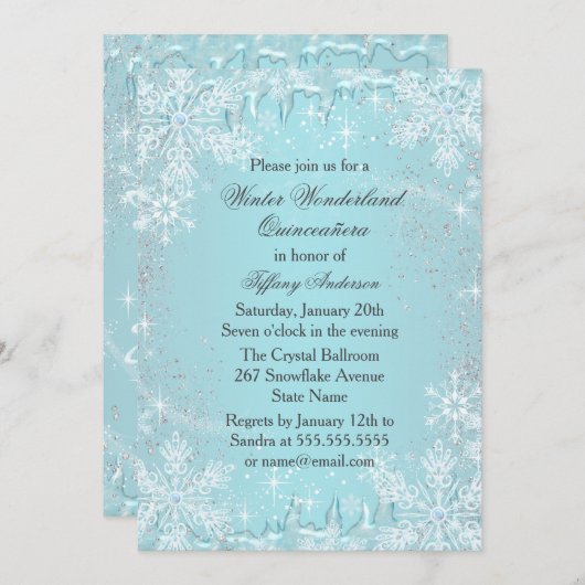Blaues Schneeflocke-Winter-Märchenland Quinceanera Einladung (Vorne/Hinten)