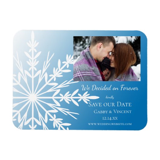 Blaues Schneeflocken Winterhochzeit Save the Date Magnet (Horizontal)