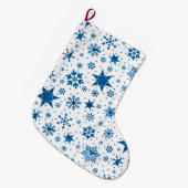Blaues Schneeflockenmuster Großer Weihnachtsstrumpf (Vorderansicht (hängend))