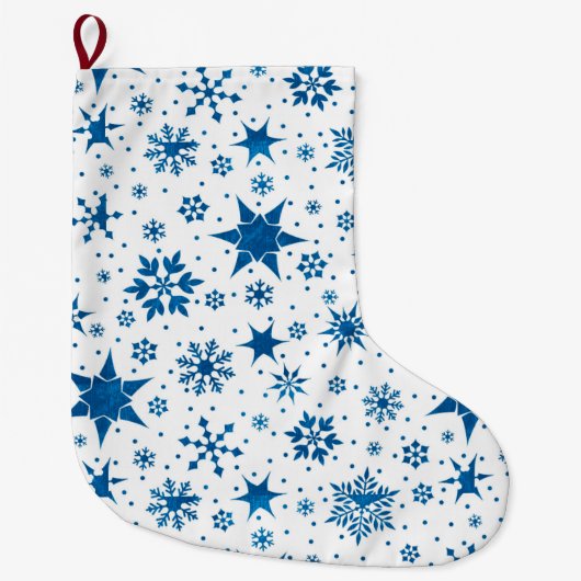 Blaues Schneeflockenmuster Großer Weihnachtsstrumpf (Vorderseite)