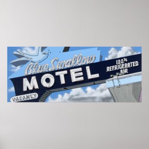 Blaues Schwalben-Motel auf Retro Plakat des Weg-66