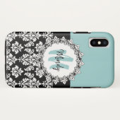 Blaues Schwarz-Damast-Handmit buchstaben Case-Mate iPhone Hülle (Rückseite (Horizontal))