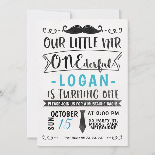 Blaues Schwarz-Herr ONE-derful Birthday Invitation Einladung (Vorderseite)