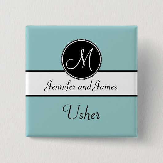 Blaues Schwarz-Monogramm, das Usher-Knopf Wedding Button (Vorderseite)