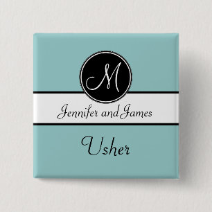 Blaues Schwarz-Monogramm, das Usher-Knopf Wedding Button