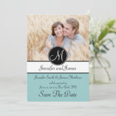 Blaues Schwarz-Monogramm-Foto-Save the Date Karte (Stehend Vorderseite)