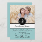 Blaues Schwarz-Monogramm-Foto-Save the Date Karte (Vorne/Hinten)