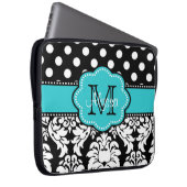 Blaues Schwarz-Punkt-Damast-personalisierte Laptopschutzhülle (Vorne Rechts)