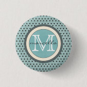 Blaues Schwarz-Tupfen-Hintergrund-Monogramm Button (Vorderseite)