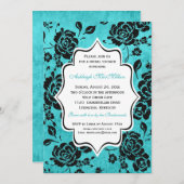 Blaues Schwarz-weißes Blumendamast-Brautparty Einladung (Vorne/Hinten)