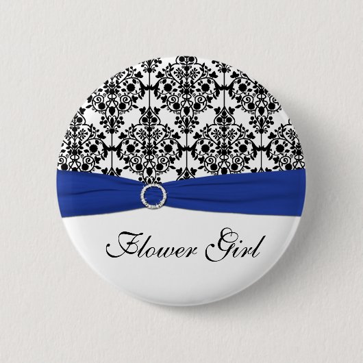 Blaues Schwarz-weißes Damast-Blumen-Mädchen-Button Button (Vorderseite)