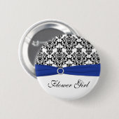 Blaues Schwarz-weißes Damast-Blumen-Mädchen-Button Button (Vorne & Hinten)