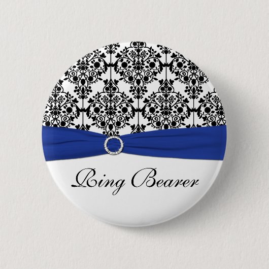Blaues Schwarz-weißes Damast-Ring-Träger-Button Button (Vorderseite)