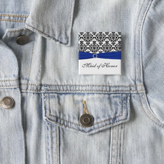 Blaues Schwarz-weißes Damast-Trauzeugin-Button Button (Beispiel)