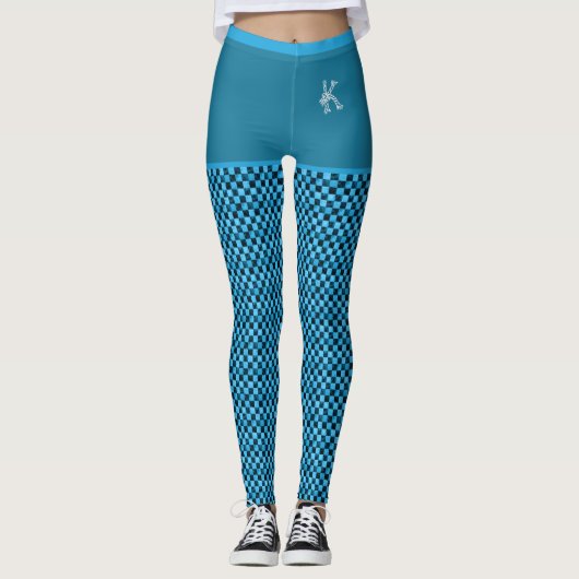 Blaues schwarzes kariertes Muster Monogram, kunden Leggings (Vorderseite)