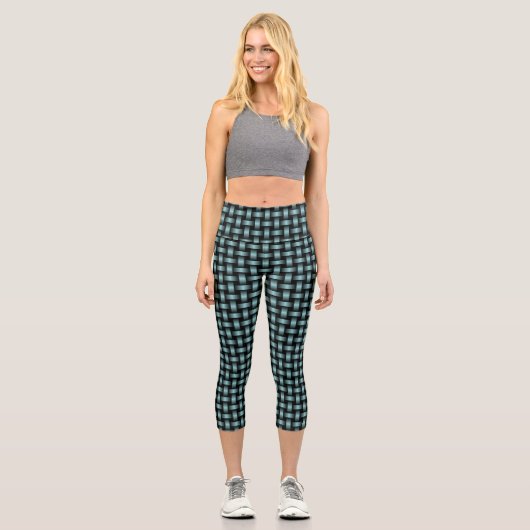 Blaues, schwarzes Muster Capri Leggings (Vorderseite)