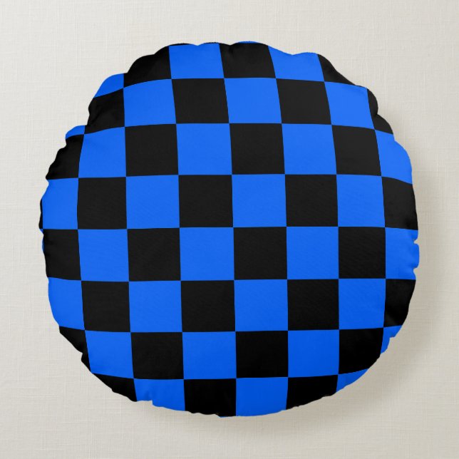 Blaues schwarzes Schachbrettmuster für den Karo Rundes Kissen (Vorderseite)